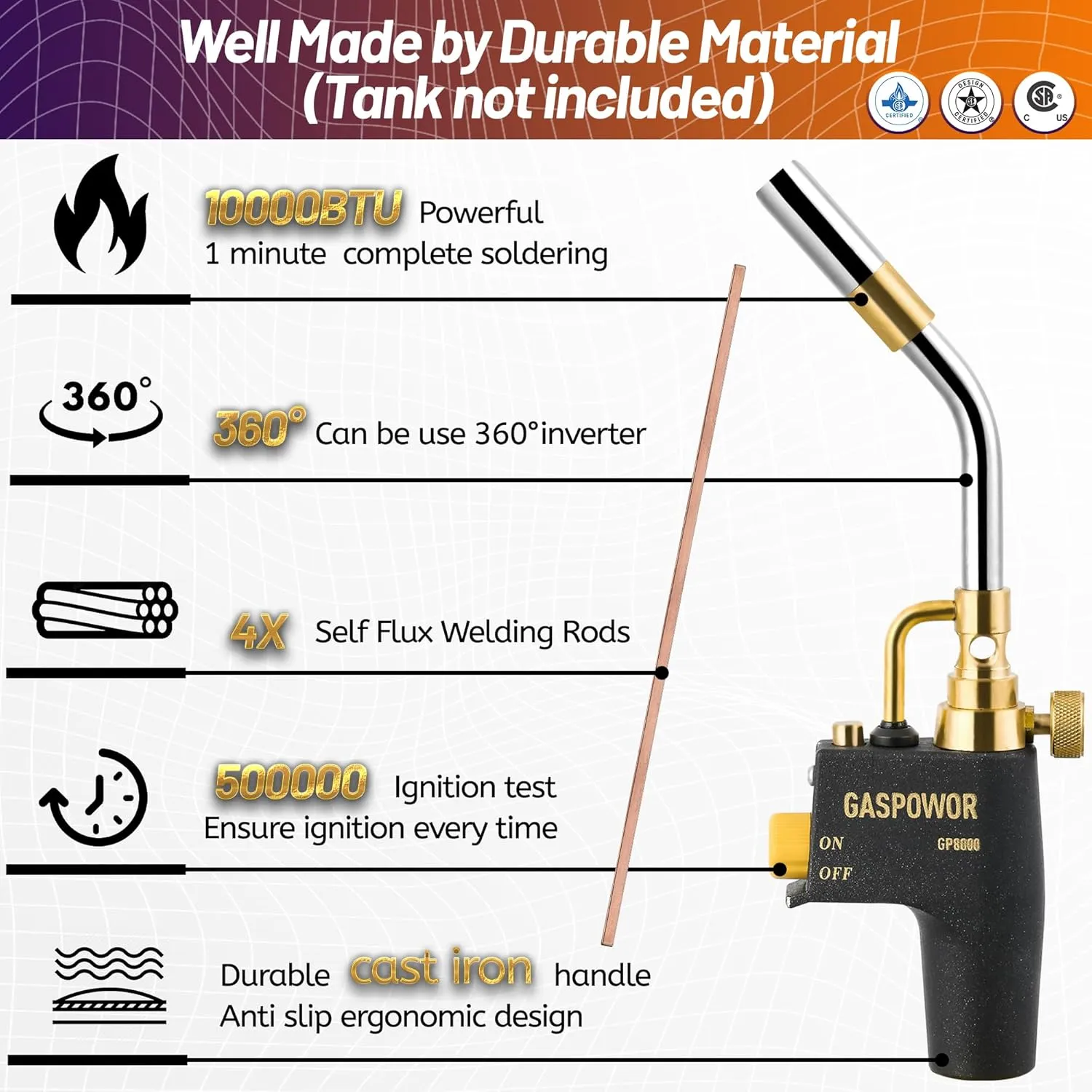High Intensity Propane Torch Head with 4PCS Rods,Turbo Torch Kit Fuel by Propane,MAPP,Welding Torch,Trigger Start Mapp Gas Torch Kit with Igniter,Blow Torch (CSA Certified, Fuel Not Included)