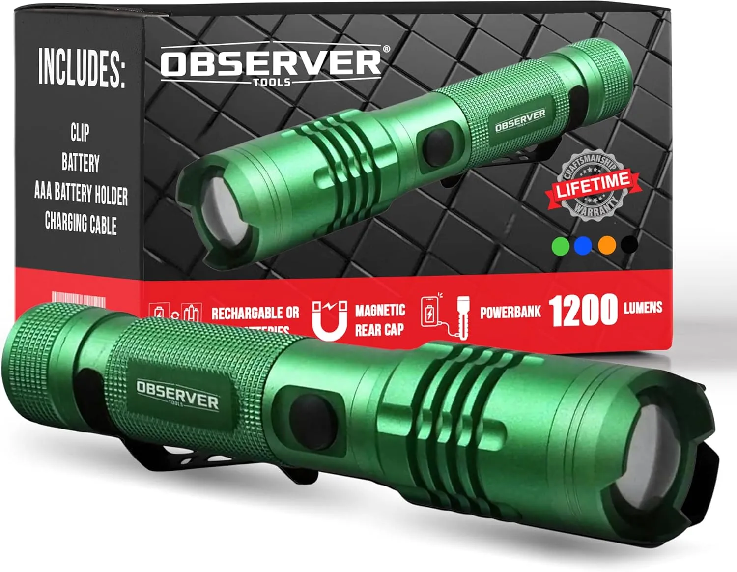 High Lumen Utility Flashlight, Rear Magnet, LED, Rechargeable, Powerbank for Phone, AAA Adapter - Tactical, Military, Police Flashlight, 1200 Super Bright Lumens