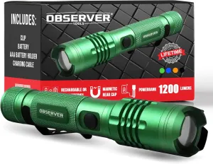 High Lumen Utility Flashlight, Rear Magnet, LED, Rechargeable, Powerbank for Phone, AAA Adapter - Tactical, Military, Police Flashlight, 1200 Super Bright Lumens