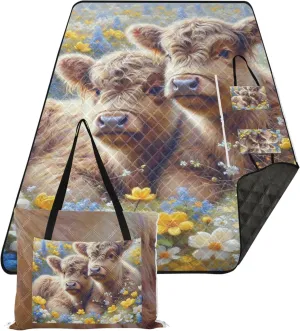 Highland Cow Calf Painting Cute Sand Free Beach Blanket Waterproof Outdoor Blanket for Grass Cute Picnic Mat Foldable 80" x 60"