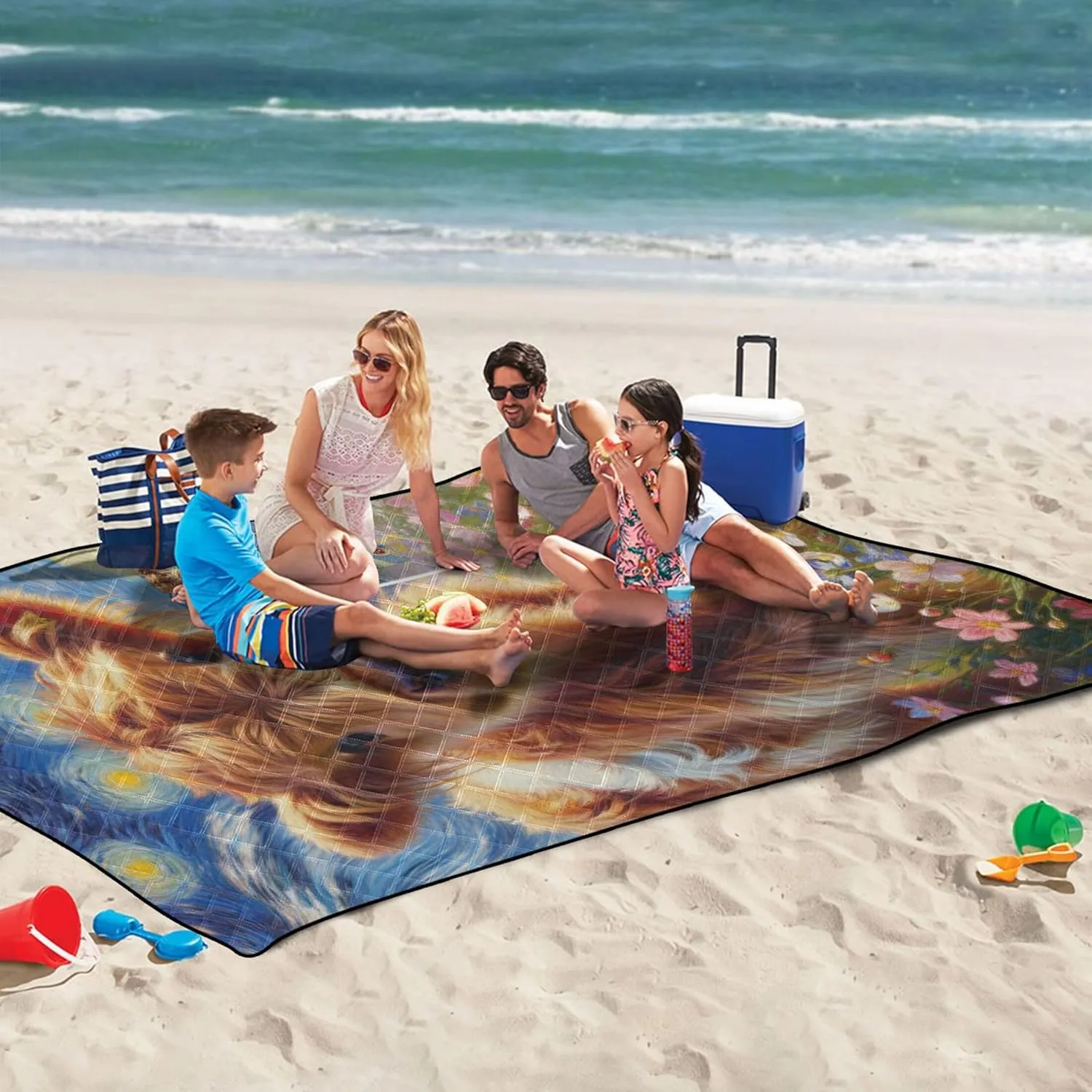 Highland Cow Starry Night Floral Beach Blanket Waterproof Sandproof, Outdoor Blanket for Grass Pink Picnic Blanket Foldable, 80" x 60"