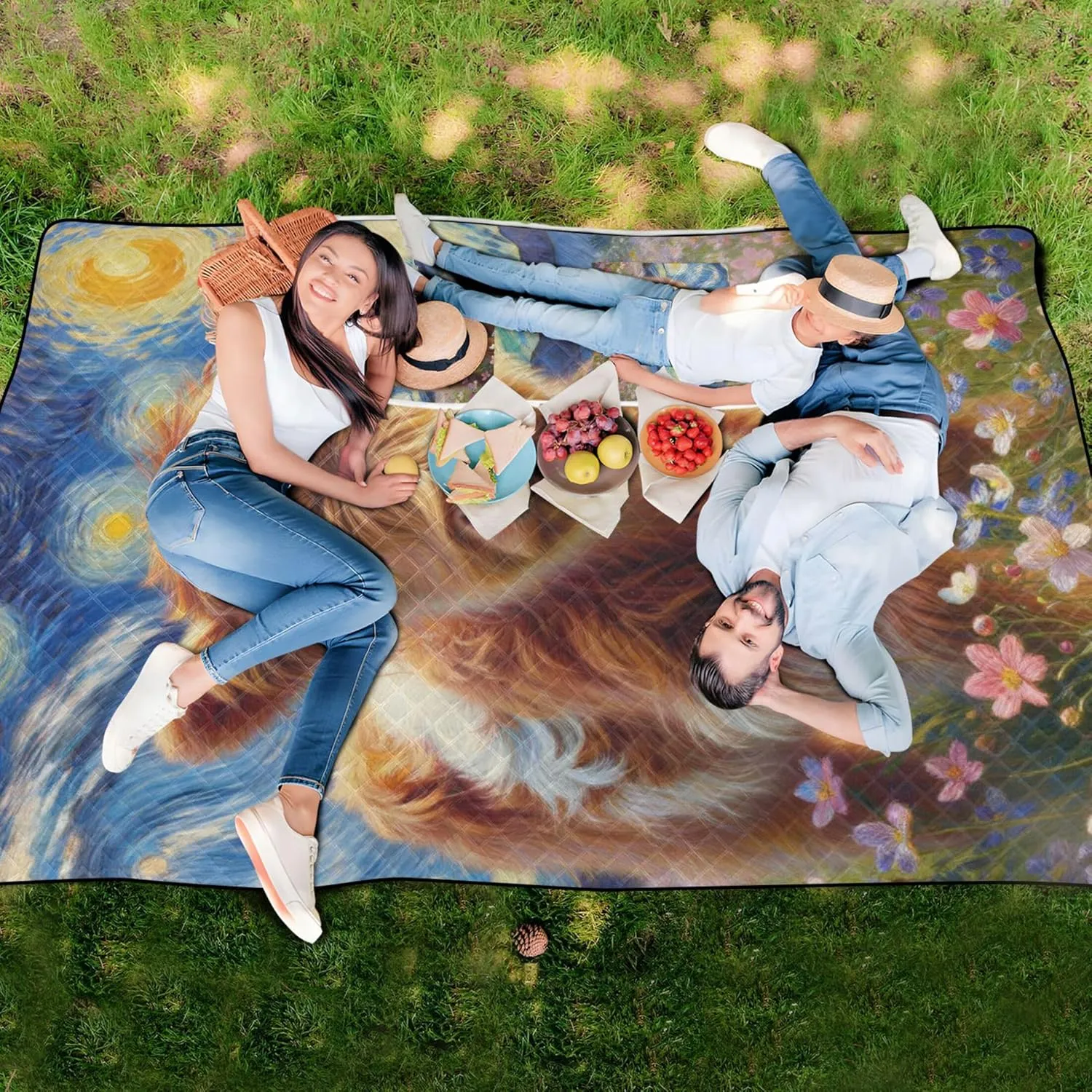 Highland Cow Starry Night Floral Beach Blanket Waterproof Sandproof, Outdoor Blanket for Grass Pink Picnic Blanket Foldable, 80" x 60"