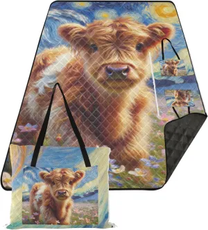 Highland Cow Starry Night Floral Beach Blanket Waterproof Sandproof, Outdoor Blanket for Grass Pink Picnic Blanket Foldable, 80" x 60"