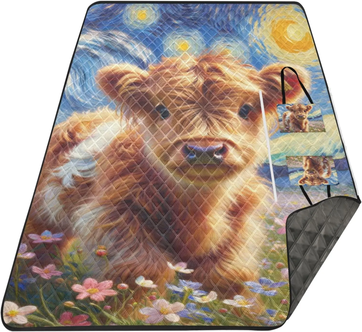 Highland Cow Starry Night Floral Beach Blanket Waterproof Sandproof, Outdoor Blanket for Grass Pink Picnic Blanket Foldable, 80" x 60"