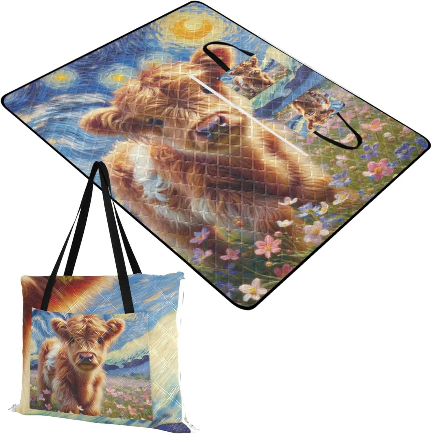 Highland Cow Starry Night Floral Beach Blanket Waterproof Sandproof, Outdoor Blanket for Grass Pink Picnic Blanket Foldable, 80" x 60"