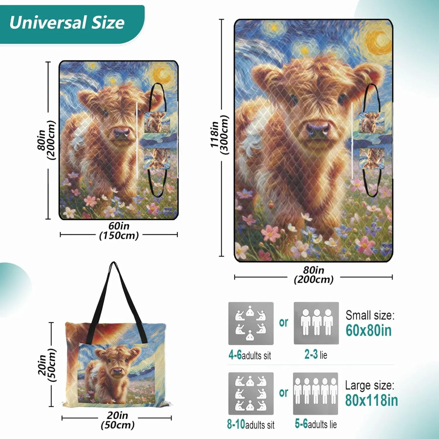 Highland Cow Starry Night Floral Beach Blanket Waterproof Sandproof, Outdoor Blanket for Grass Pink Picnic Blanket Foldable, 80" x 60"