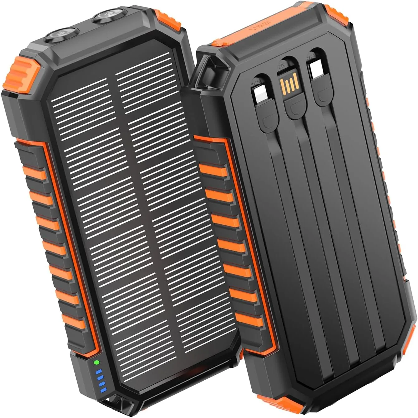 Hiluckey Solar Power Bank Portable Charger 27000mAh Built-in 3 Cables Solar Phone Charger - 15W PD QC 3.0 Fast Charging Outdoor Battery Pack for iPhone Android, Dual Flashlight (Orange)