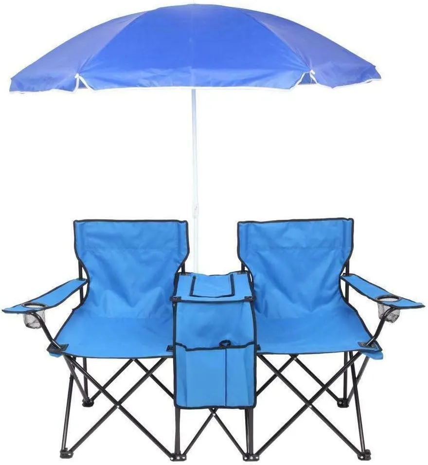 HKYH Chair Set Double Folding Umbrella Table with Cooler Picnic Camping Beach Seat