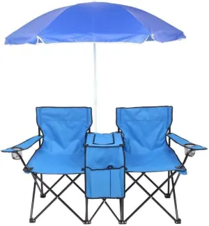HKYH Chair Set Double Folding Umbrella Table with Cooler Picnic Camping Beach Seat