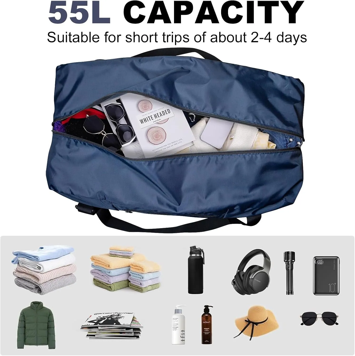 HOLYLUCK Foldable Travel Duffel Bag For Women & Men Luggage Great for Gym -55L, Navy Blue