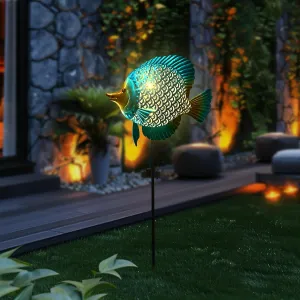 HONGLAND Solar Outdoor Lights -Metal Fish Decorative Stake- Garden Warm Yellow LED Solar Path Lights for Lawn Path Yard Decoration Gift Idea