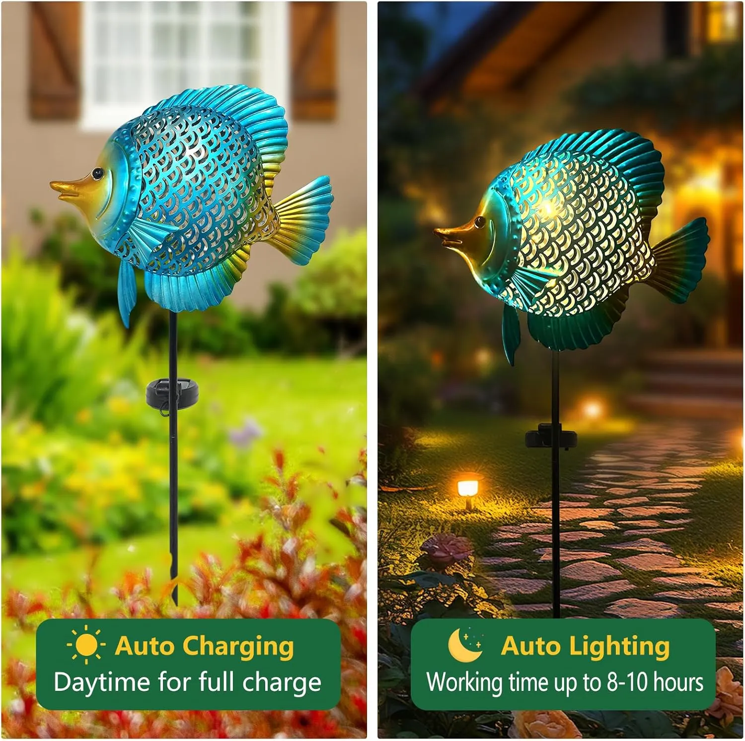 HONGLAND Solar Outdoor Lights -Metal Fish Decorative Stake- Garden Warm Yellow LED Solar Path Lights for Lawn Path Yard Decoration Gift Idea
