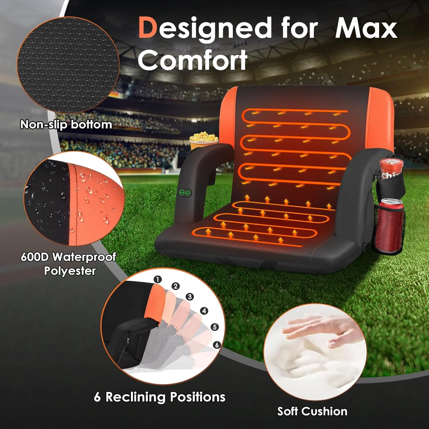 HOPERAN Dual-Sided Heated Stadium Seats for Bleachers with Back Support, 3 Levels Heating Bleacher Seats with Backs and Cushion Wide, 5 Pockets Portable Stadium Chair for Outdoor Sports (Orange)