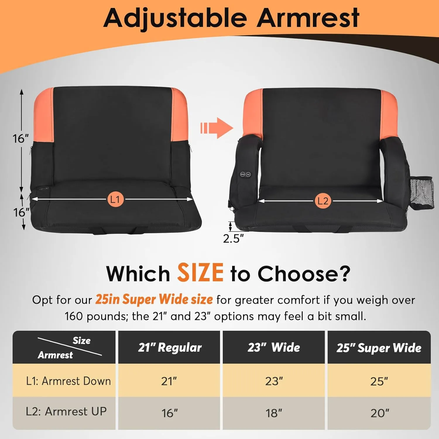 HOPERAN Dual-Sided Heated Stadium Seats for Bleachers with Back Support, 3 Levels Heating Bleacher Seats with Backs and Cushion Wide, 5 Pockets Portable Stadium Chair for Outdoor Sports (Orange)