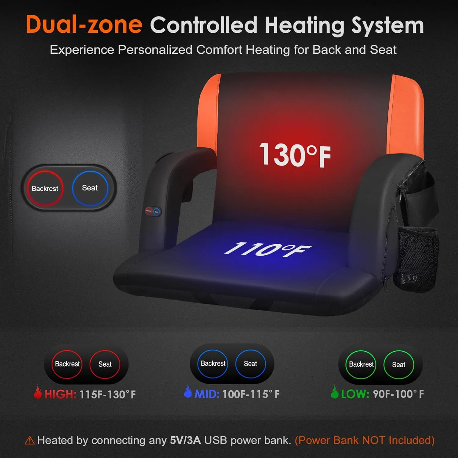 HOPERAN Dual-Sided Heated Stadium Seats for Bleachers with Back Support, 3 Levels Heating Bleacher Seats with Backs and Cushion Wide, 5 Pockets Portable Stadium Chair for Outdoor Sports (Orange)