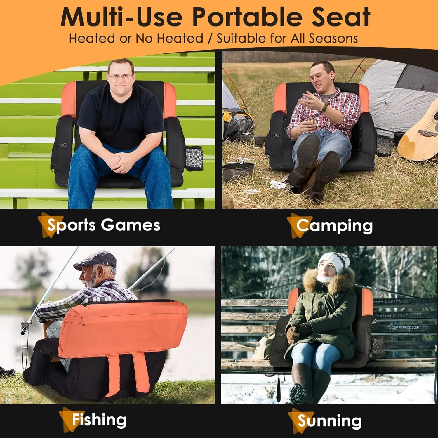 HOPERAN Dual-Sided Heated Stadium Seats for Bleachers with Back Support, 3 Levels Heating Bleacher Seats with Backs and Cushion Wide, 5 Pockets Portable Stadium Chair for Outdoor Sports (Orange)