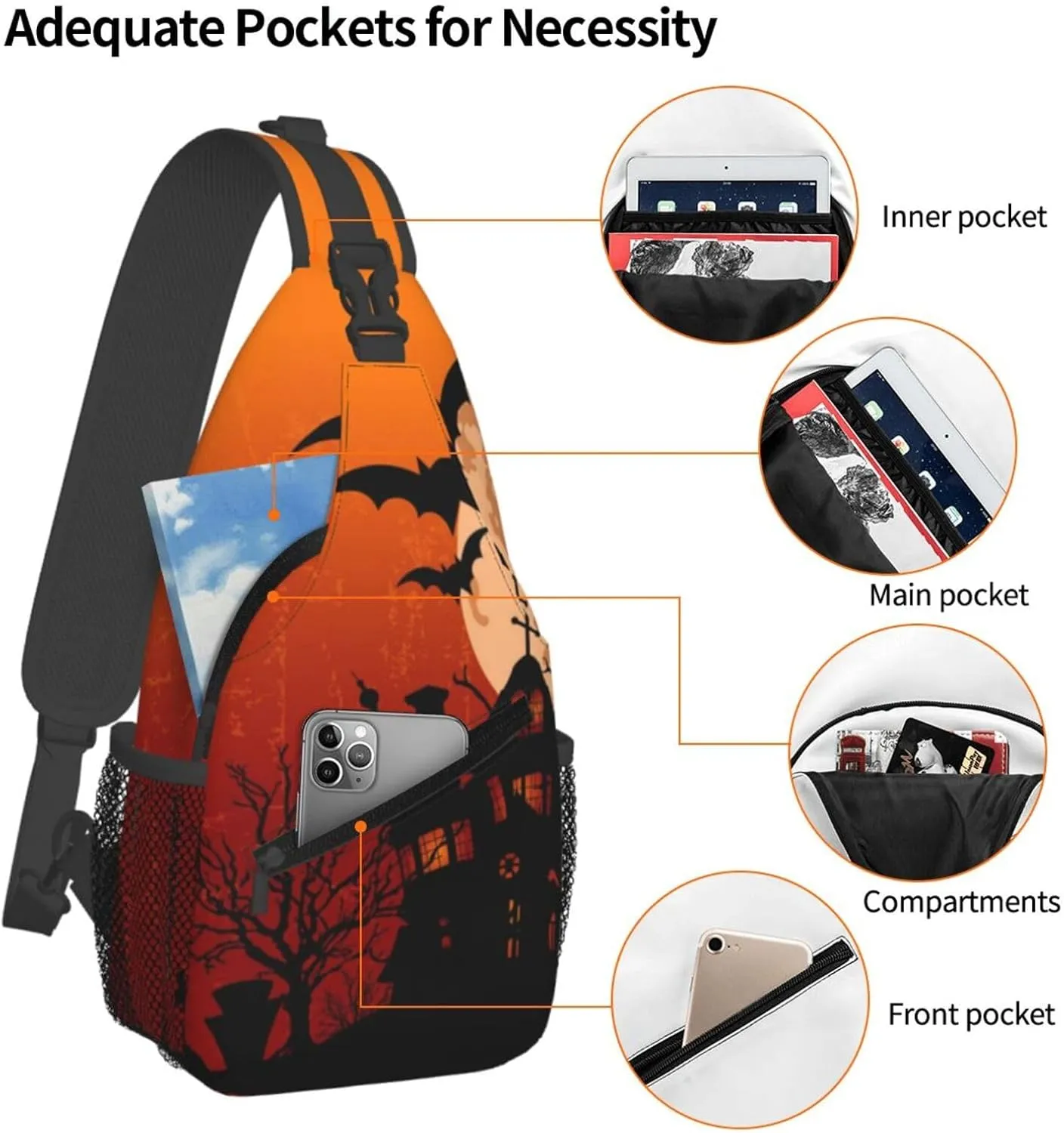 Horror Halloween Sling Backpack,Cute Ghost Pumpkin Crossbody Shoulder Backpack Adjustable Sling Bag for Men Women