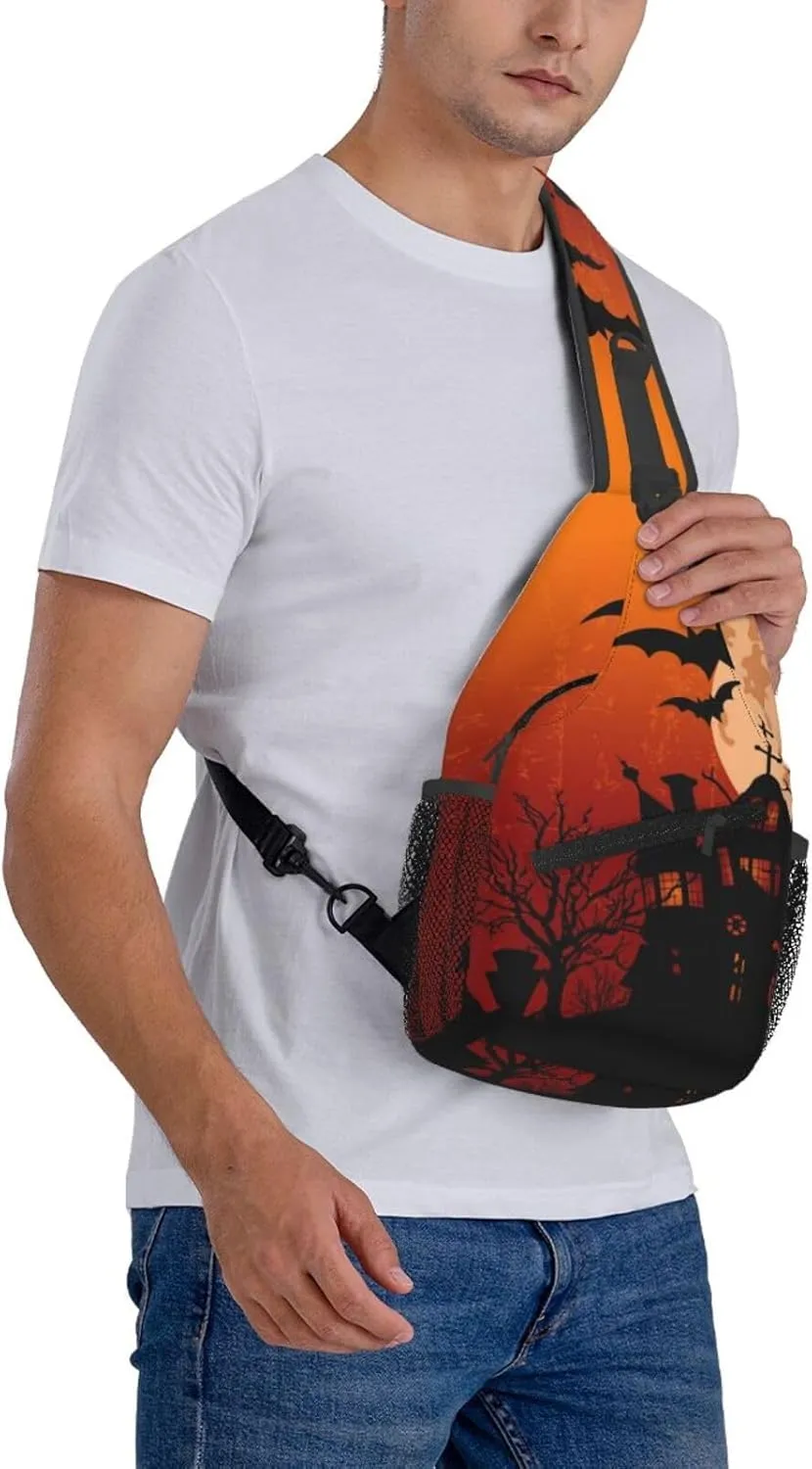 Horror Halloween Sling Backpack,Cute Ghost Pumpkin Crossbody Shoulder Backpack Adjustable Sling Bag for Men Women
