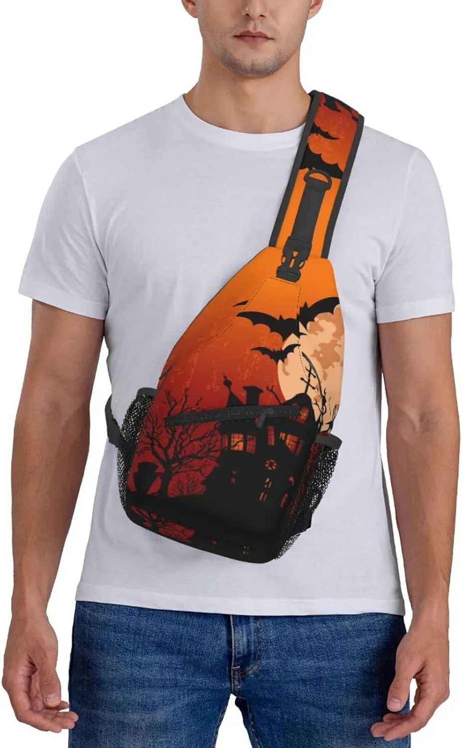 Horror Halloween Sling Backpack,Cute Ghost Pumpkin Crossbody Shoulder Backpack Adjustable Sling Bag for Men Women