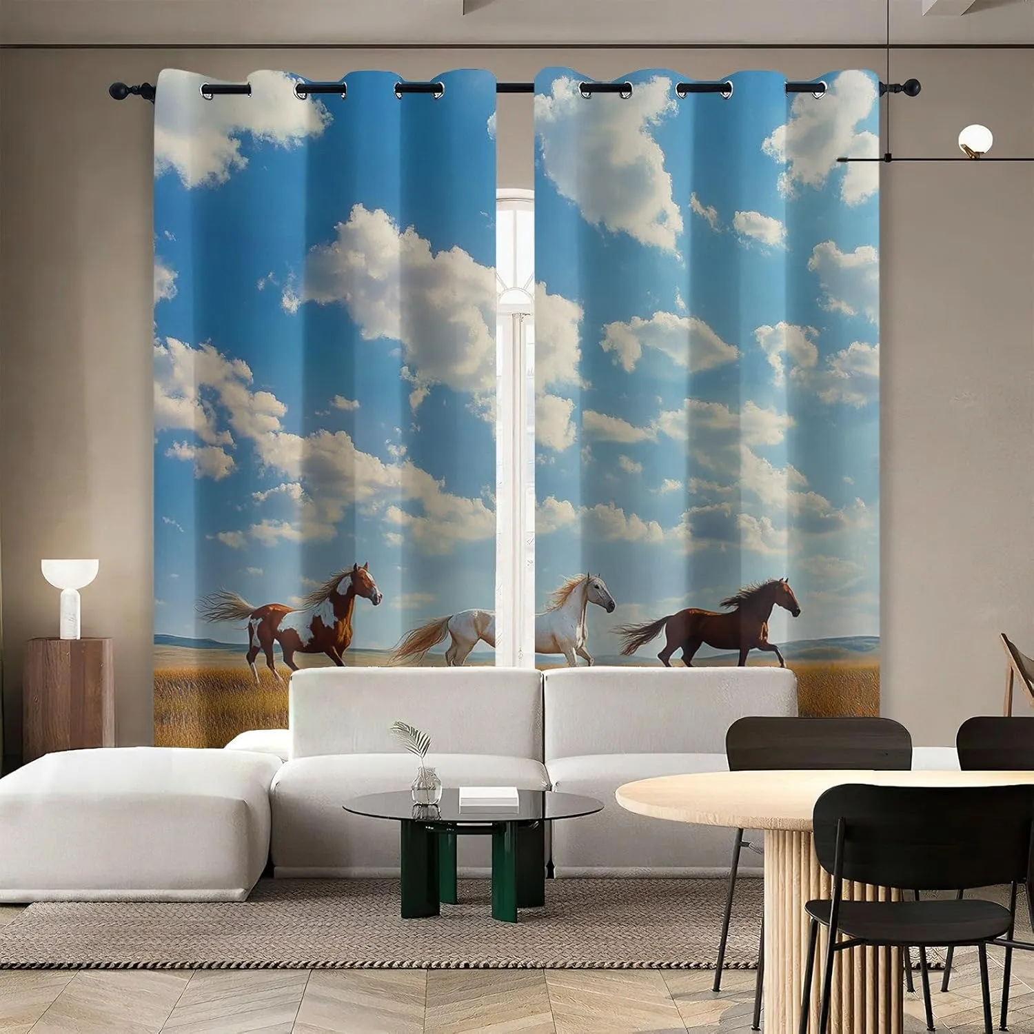 Horse Blackout Window Curtains 108 inch Long 2 Panels Grassland Running Animal Horse Black Out Curtains Thermal Insulated Grommet Window Drapes for Bedroom Living Room Kitchen, 52Wx108L