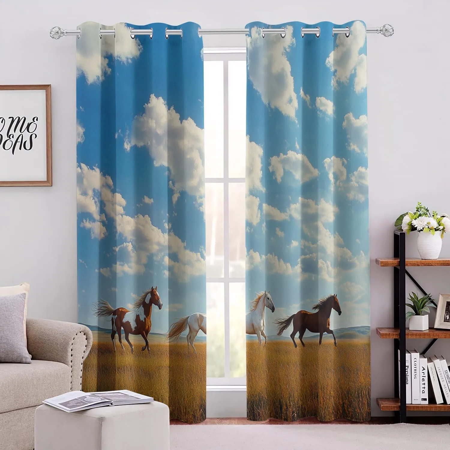 Horse Blackout Window Curtains 108 inch Long 2 Panels Grassland Running Animal Horse Black Out Curtains Thermal Insulated Grommet Window Drapes for Bedroom Living Room Kitchen, 52Wx108L