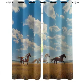 Horse Blackout Window Curtains 108 inch Long 2 Panels Grassland Running Animal Horse Black Out Curtains Thermal Insulated Grommet Window Drapes for Bedroom Living Room Kitchen, 52Wx108L