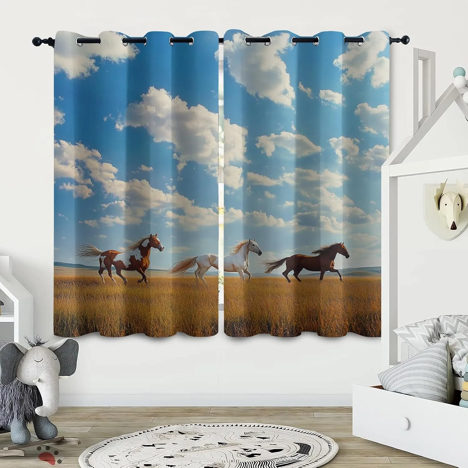 Horse Blackout Window Curtains 108 inch Long 2 Panels Grassland Running Animal Horse Black Out Curtains Thermal Insulated Grommet Window Drapes for Bedroom Living Room Kitchen, 52Wx108L