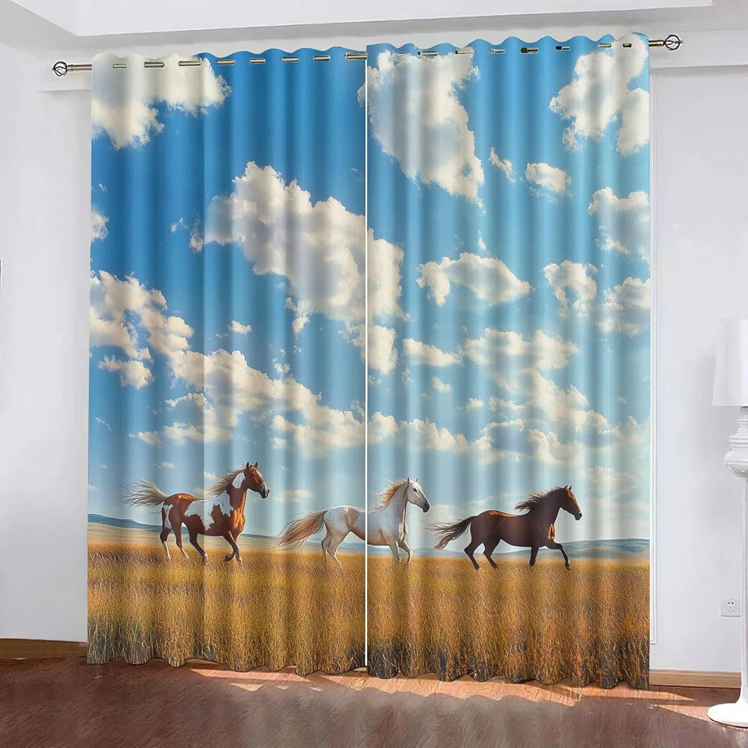 Horse Blackout Window Curtains 108 inch Long 2 Panels Grassland Running Animal Horse Black Out Curtains Thermal Insulated Grommet Window Drapes for Bedroom Living Room Kitchen, 52Wx108L