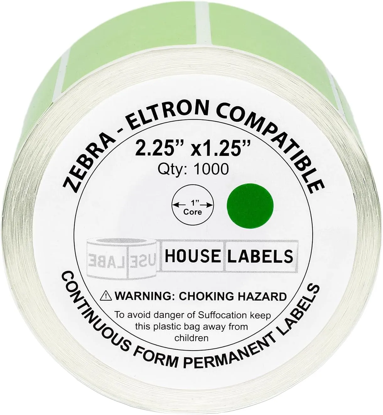 HOUSELABELS 2.25" x 1.25" Green Address Labels on 1" Core Compatible with Zebra and Rollo Printers, 28 Rolls / 1,000 Labels per Roll