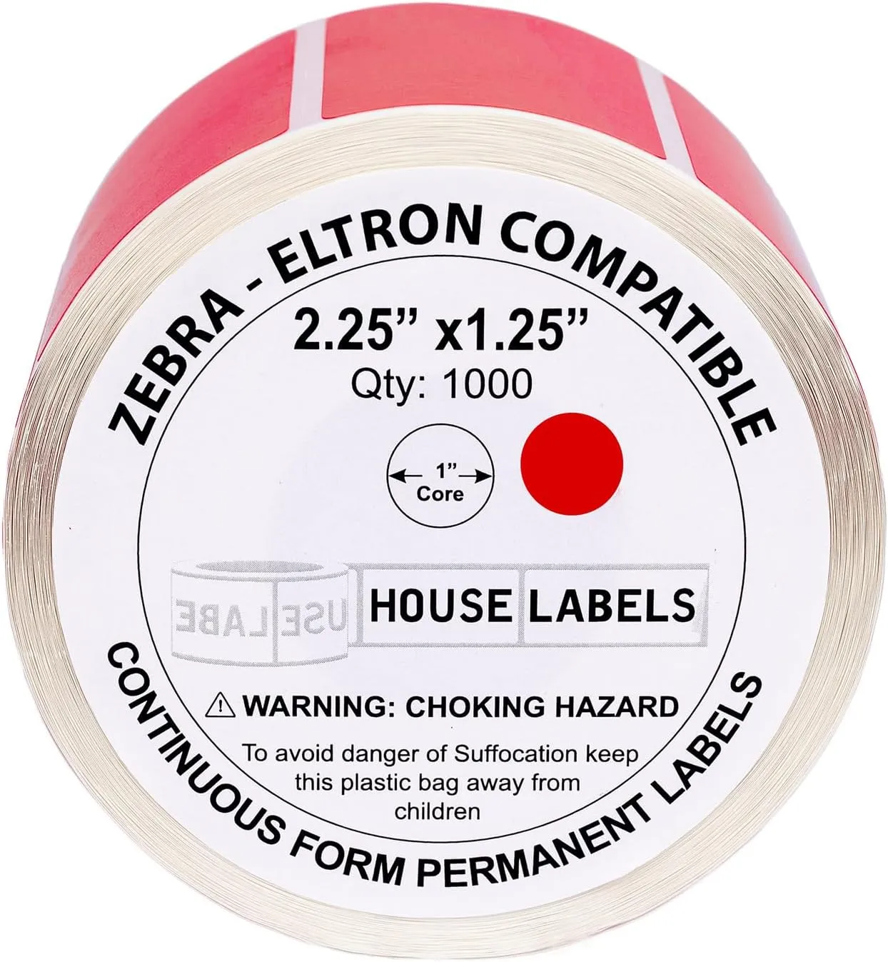 HOUSELABELS 2.25" x 1.25" Red Address Labels on 1" Core Compatible with Zebra and Rollo Printers, 6 Rolls / 1,000 Labels per Roll