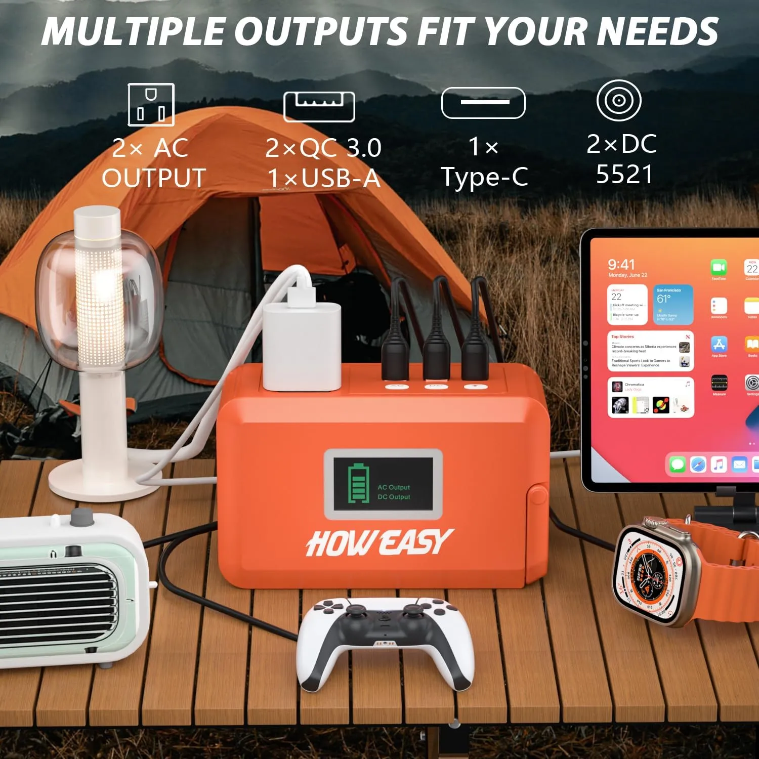 HOWEASY Portable Power Station 88Wh, 24000 mAh Camping Solar Generator, Lithium Battery Power with 2 110V AC (Peak 150W) Outlet/ 2 DC Ports/3 USBQC3.0/LED Flashlight for Camping Home Emergency