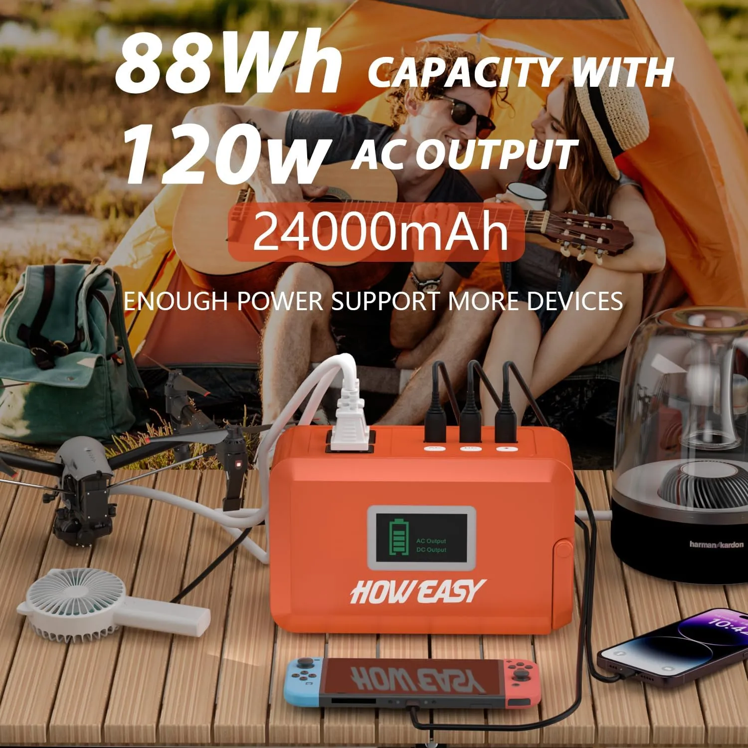 HOWEASY Portable Power Station 88Wh, 24000 mAh Camping Solar Generator, Lithium Battery Power with 2 110V AC (Peak 150W) Outlet/ 2 DC Ports/3 USBQC3.0/LED Flashlight for Camping Home Emergency