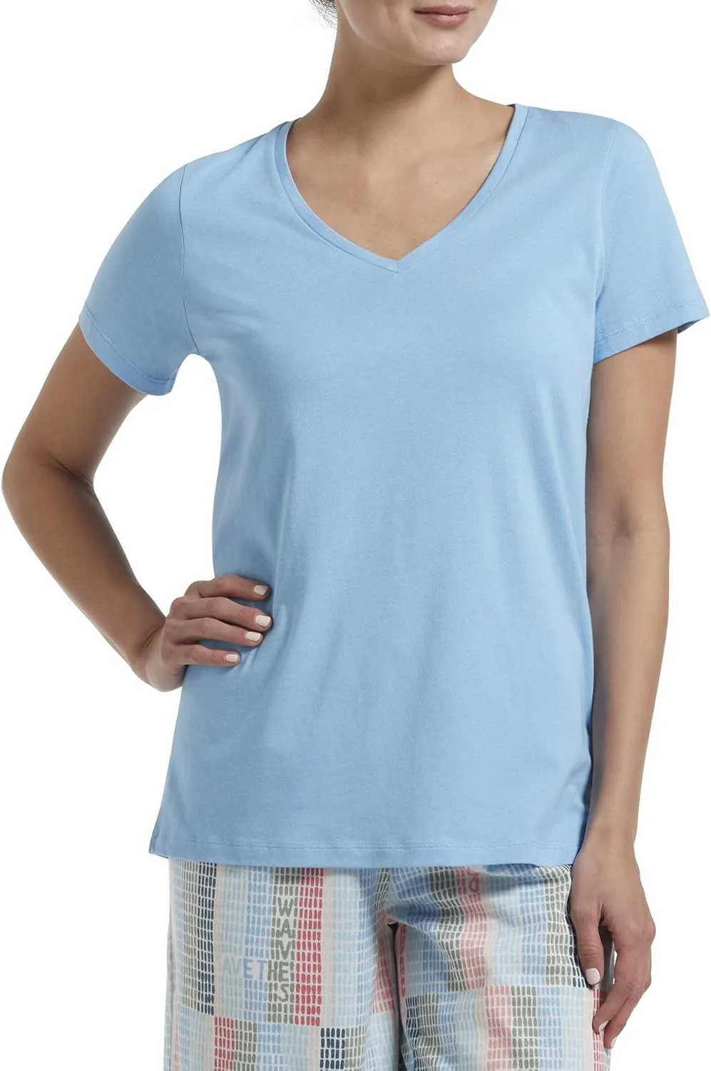 HUE Women's Sleepwell Basic Short Sleeve V-Neck T-Shirt for Lounging Or Sleeping, Made with Temperature Regulating Technology