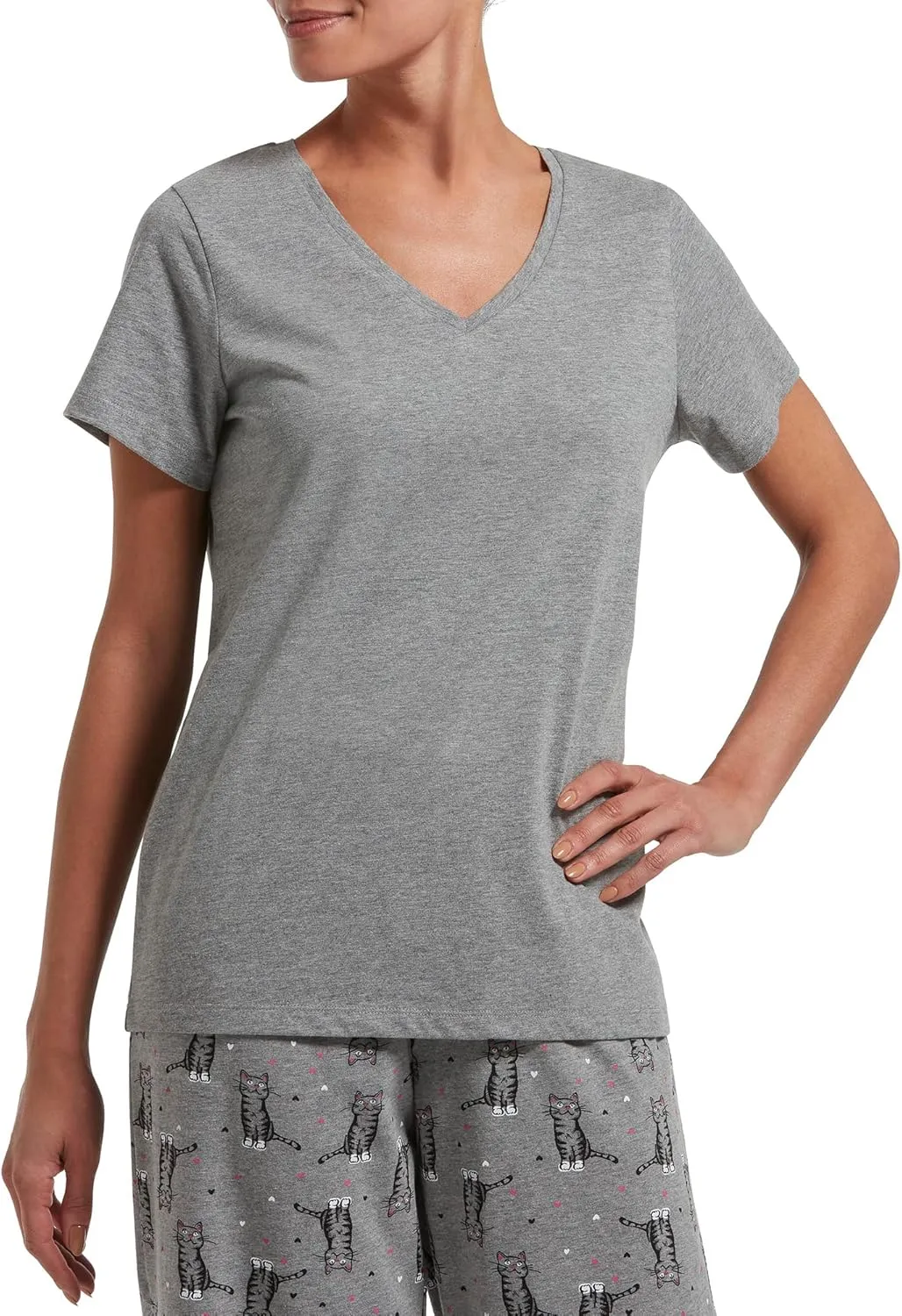 HUE Women's Sleepwell Basic Short Sleeve V-Neck T-Shirt for Lounging Or Sleeping, Made with Temperature Regulating Technology