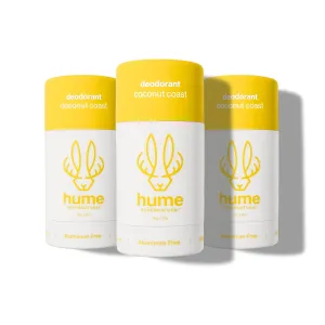 Hume Supernatural Aluminum Free Deodorant for Women & Men - Safe for Sensitive Skin - Probiotic, Plant-Based, Baking Soda Free, Aloe, & Cactus Flower, Anti Sweat, Stain & Odor - Coconut Coast 3-Pack