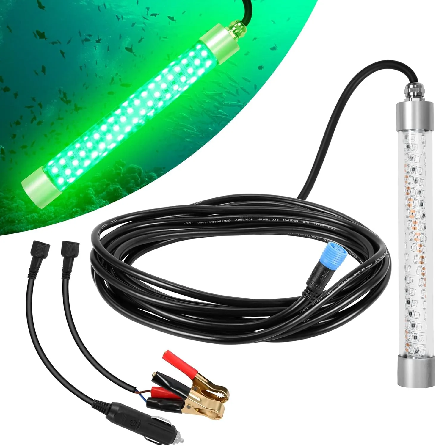 HUSUKU FS0-1 LED Underwater Fishing Light - DC12V 100W 10,000lm with 16.4ft Cord Green Night Fishing Lights, Glowing Fish Attractor, IP68 Submersible Boat Lamp for Snook Crappie Squid Shrimp