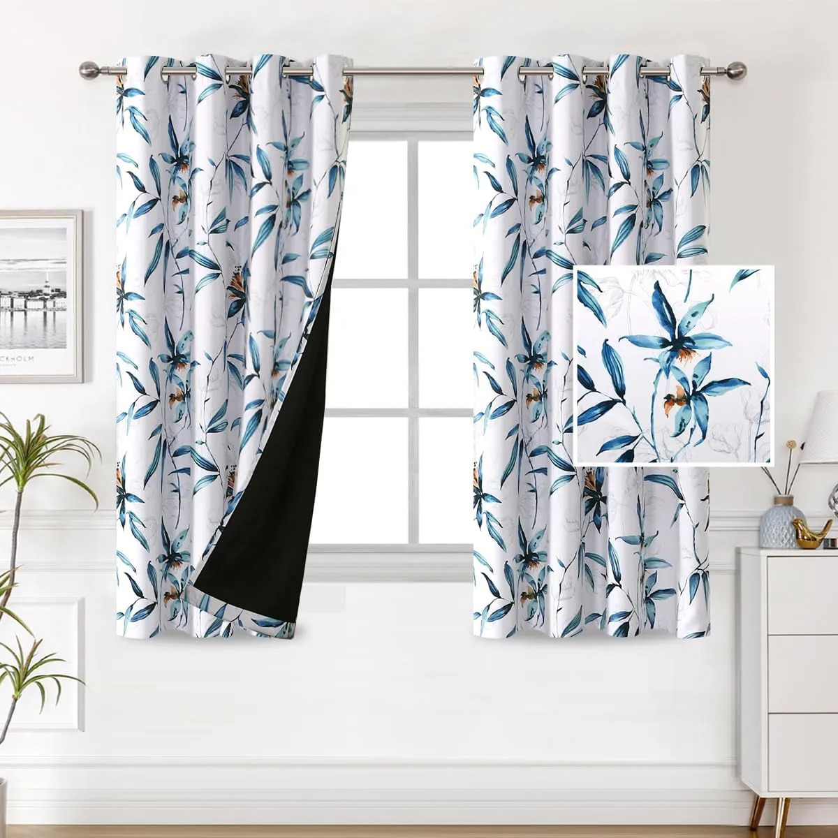 H.VERSAILTEX 100% Blackout Curtains 63 inch Length 2 Panels Set Printed Drapes Thermal Insulated Curtains for Bedroom with Black Liner Sound Proof Curtains, Bella Vista Indigo