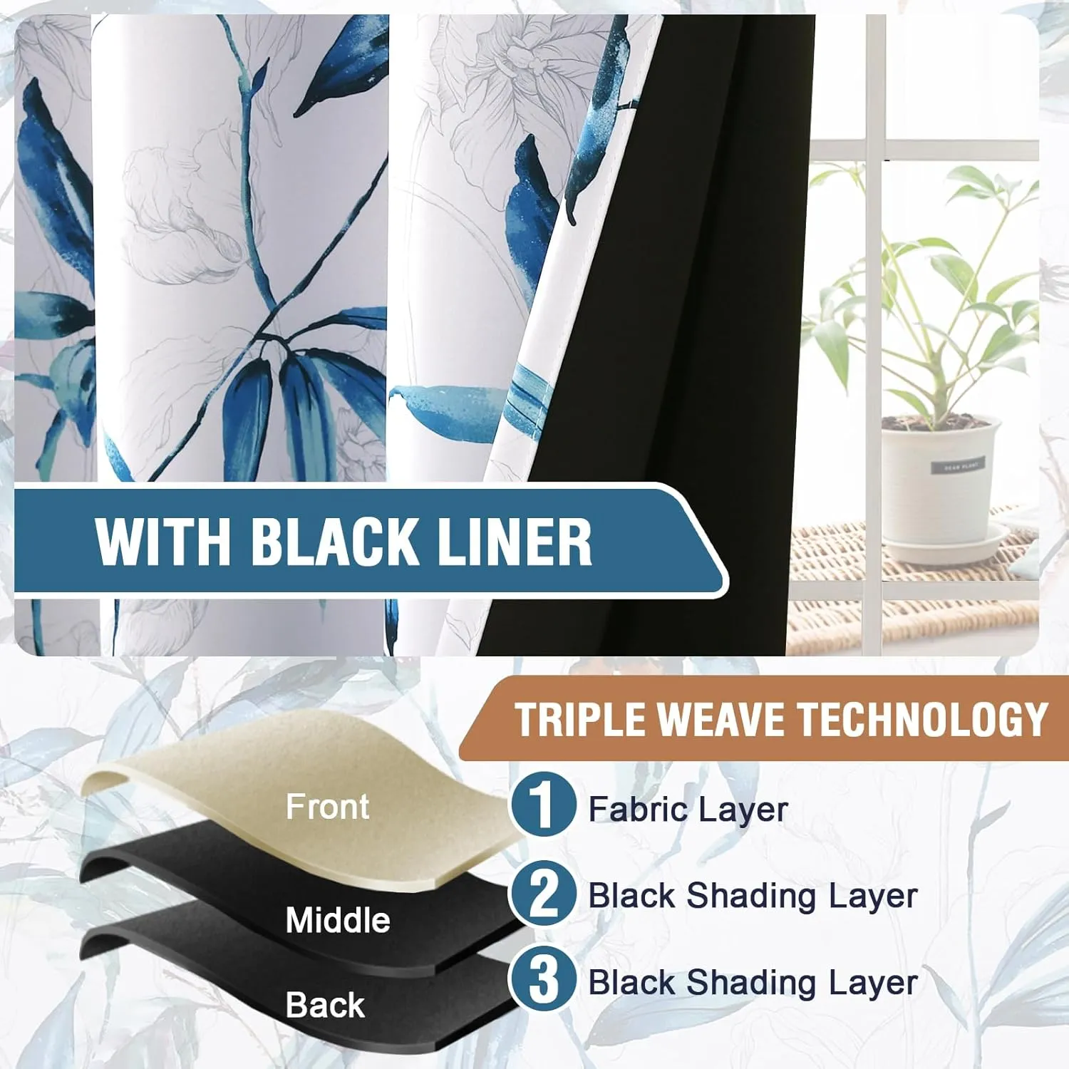H.VERSAILTEX 100% Blackout Curtains 63 inch Length 2 Panels Set Printed Drapes Thermal Insulated Curtains for Bedroom with Black Liner Sound Proof Curtains, Bella Vista Indigo