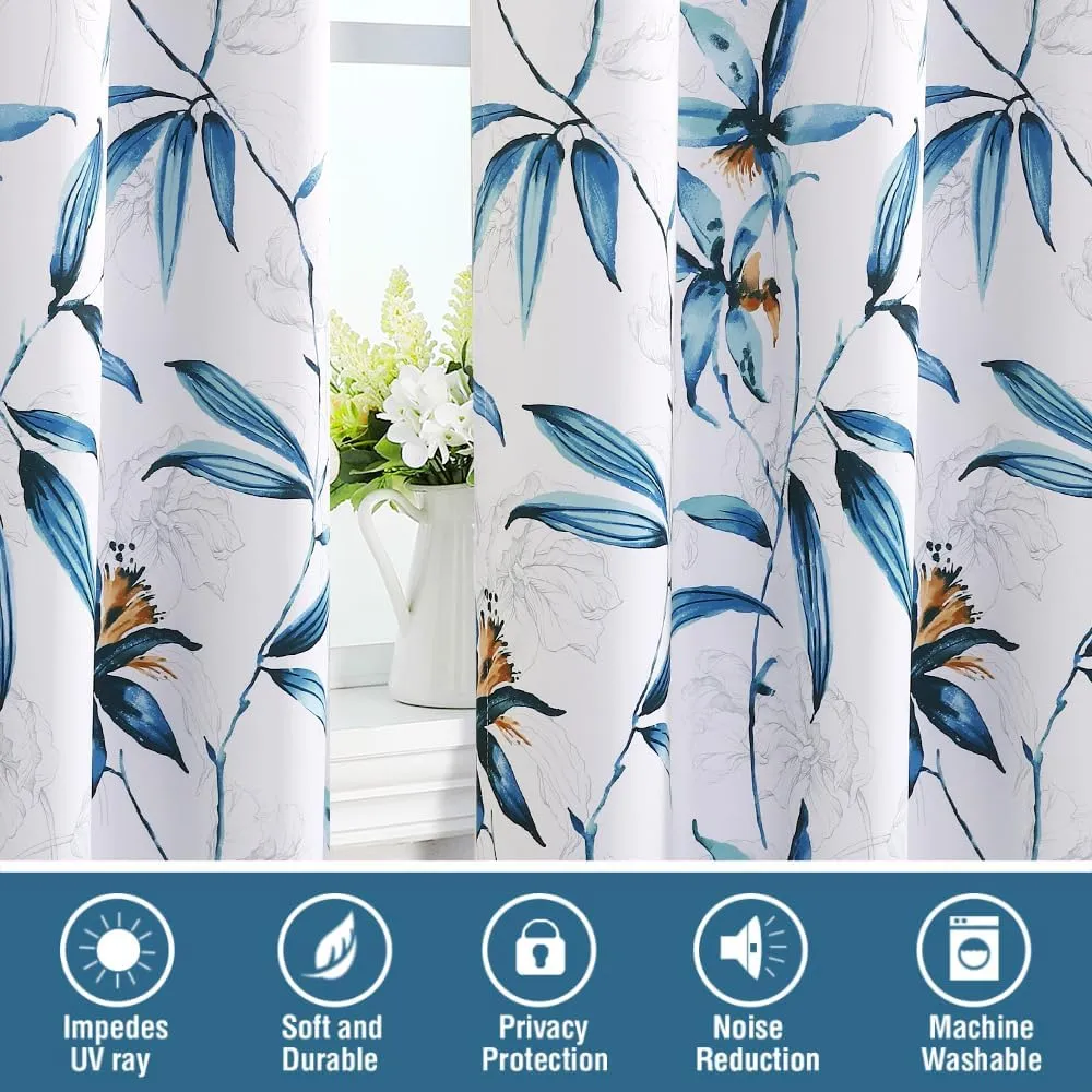 H.VERSAILTEX 100% Blackout Curtains 63 inch Length 2 Panels Set Printed Drapes Thermal Insulated Curtains for Bedroom with Black Liner Sound Proof Curtains, Bella Vista Indigo
