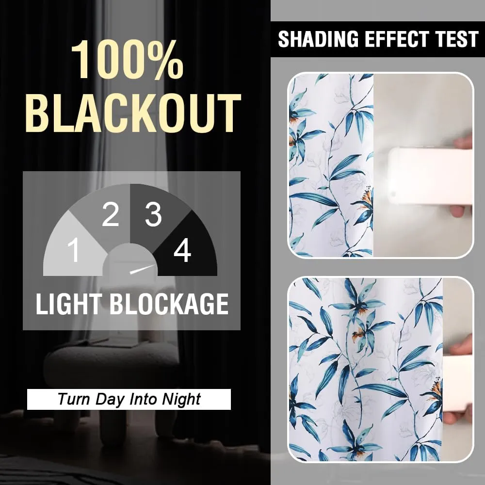 H.VERSAILTEX 100% Blackout Curtains 63 inch Length 2 Panels Set Printed Drapes Thermal Insulated Curtains for Bedroom with Black Liner Sound Proof Curtains, Bella Vista Indigo