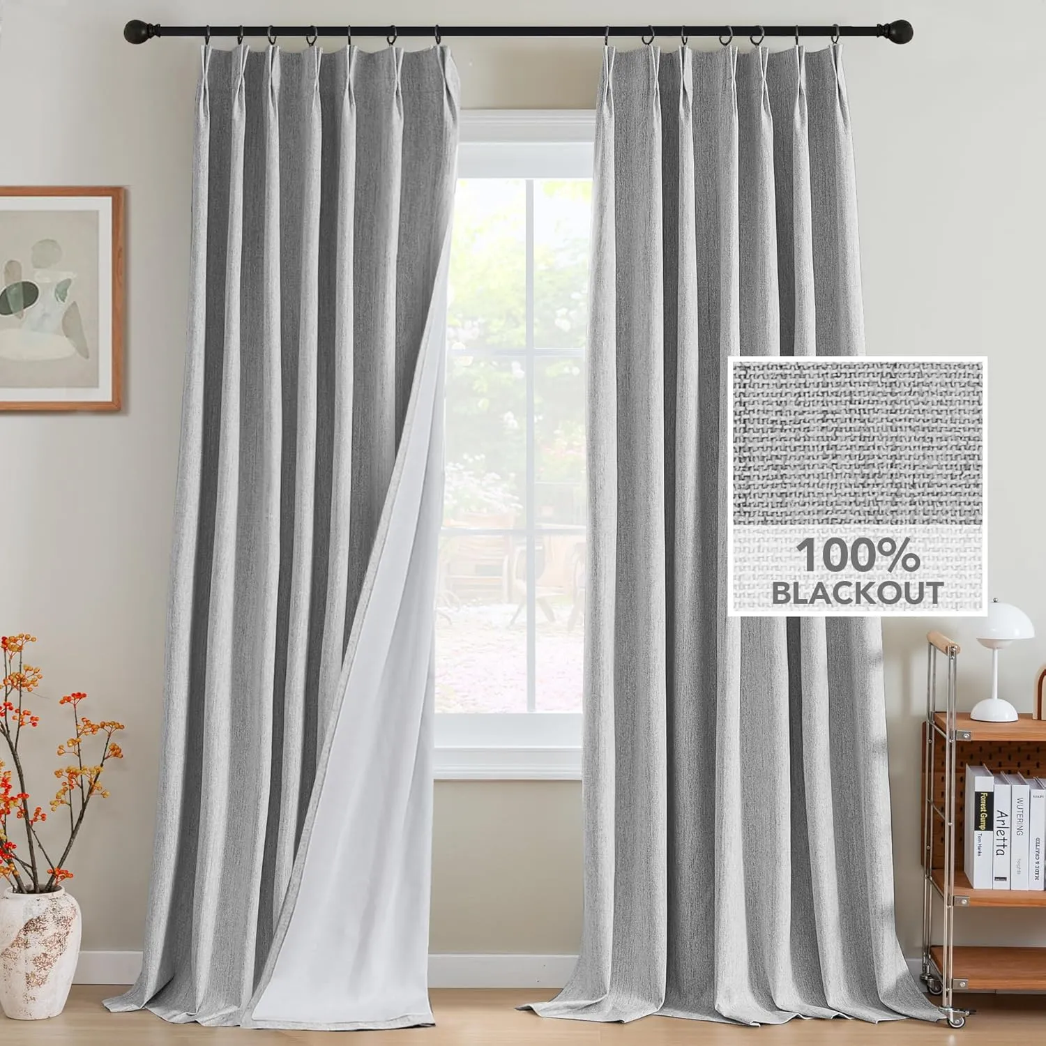 H.VERSAILTEX Pinch Pleated Full Blackout Curtains Linen Blended Chenille Blackout Curtains 84 inch Length 2 Panels Set Thermal Insulated Farmhouse Neutral Track Drapes with Hooks, Heather Glacier Gray