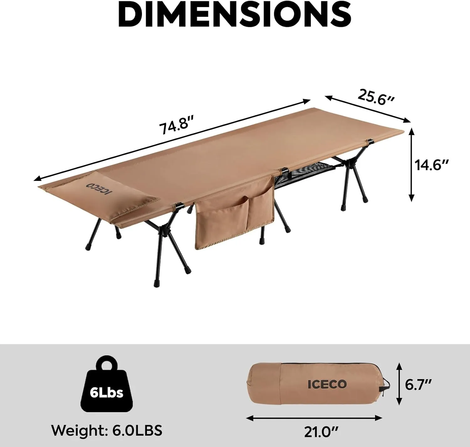 ICECO Camping Cot for Adults, Folding Cot for Camping, Portable Bed Sleeping Cot, Lightweight Backpacking Cot Strong Support 330 Lbs, Tent, Outdoor, Hiking, Travel, RV, Beach (L-Khaki)