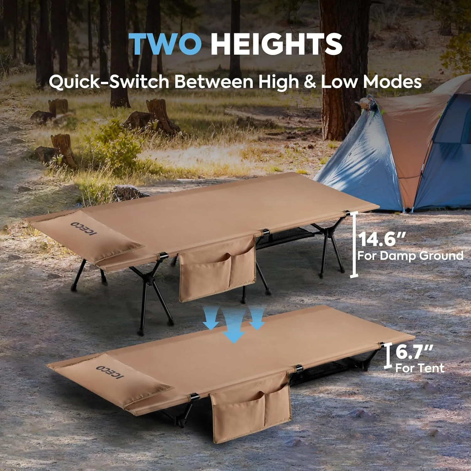 ICECO Camping Cot for Adults, Folding Cot for Camping, Portable Bed Sleeping Cot, Lightweight Backpacking Cot Strong Support 330 Lbs, Tent, Outdoor, Hiking, Travel, RV, Beach (L-Khaki)