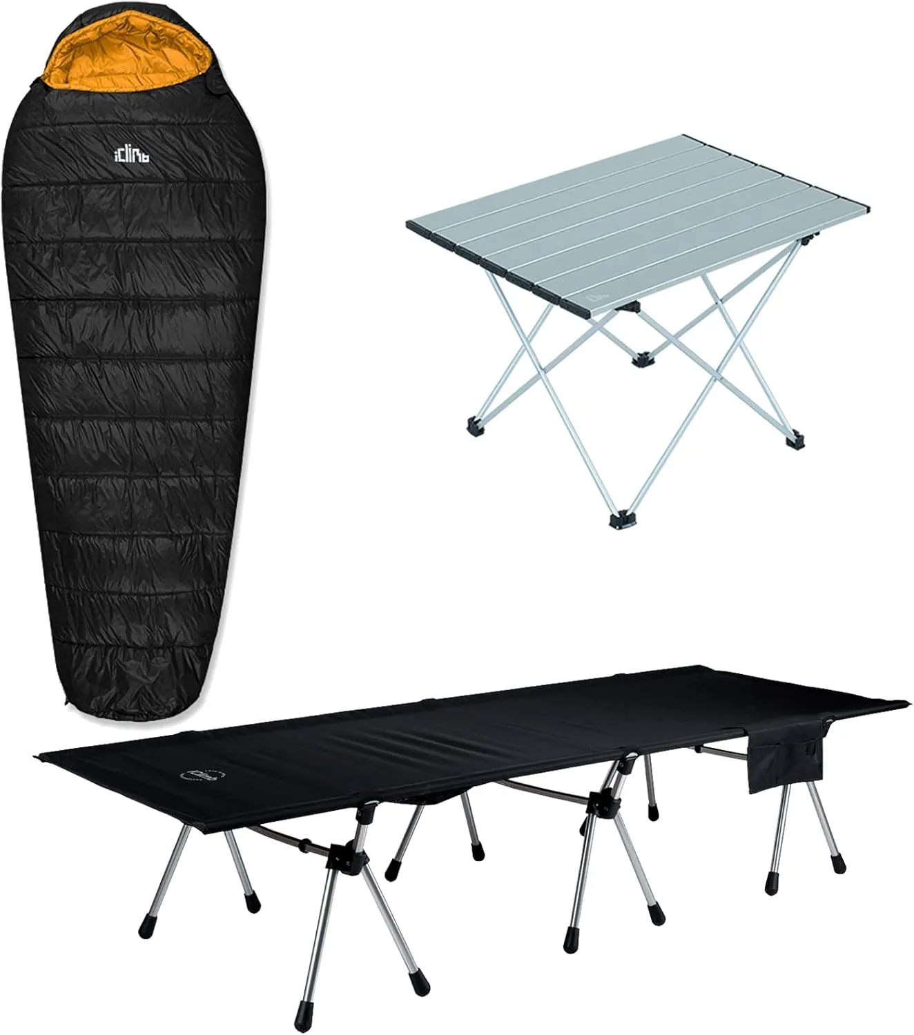 iClimb 1 Folding Table and 1 3M Thinsulate Insulation Sleeping Bag and 1 Two Heights Super Easy Assemble Cot Bundle, Ultralight Compact for Adults Outdoor Indoor Backpacking Camping Hiking Motorcyclin
