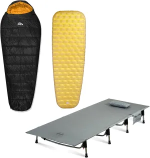 iClimb 1 Stable Comfortable Air Sleeping Pad and 1 Super Easy Assemble Cot and 1 3M Thinsulate Insulation Sleeping Bag Bundle, Ultralight Compact for Single Adult Outdoor Camping Backpacking Hiking