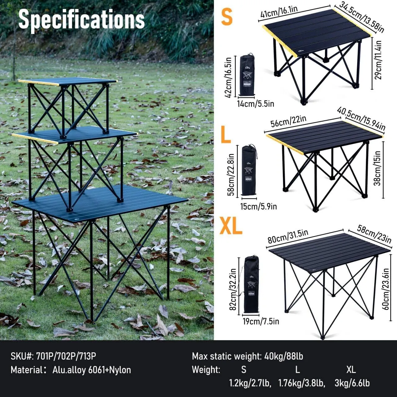 iClimb Ultralight Compact Camping Folding Table with Carry Bag (Reinforced Black - S)