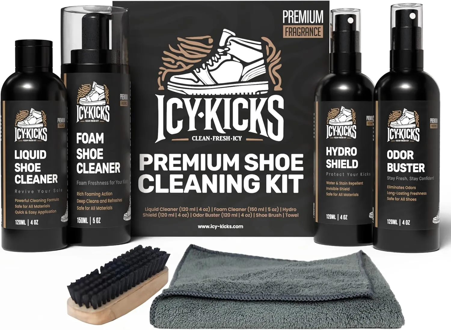 ICYKICKS Premium 6-in-1 Shoe Cleaning Kit – Liquid & Foam Cleaner, Water Repellent Spray, Odor Eliminator, Brush & Microfiber Towel – Safe for Sneakers, Leather, Suede, Canvas & More