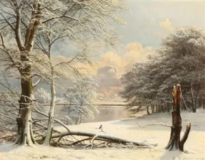 iIIHARTII Abstract Poster Decor Wall Art Vintage Painting Print Sun Light on the Bank of a Lake in Winter Time Anders Lundby Canvas Painting Artwork for Home Decor 60x90cm