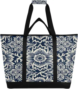 Indigo and White Flower Reusable Insulated Lunchbox Cooler Bag, Leakproof Kitchen Grocery Bag Collapsible Portable Cooler Tote Bag for Picnic, Camping, Office, Travel