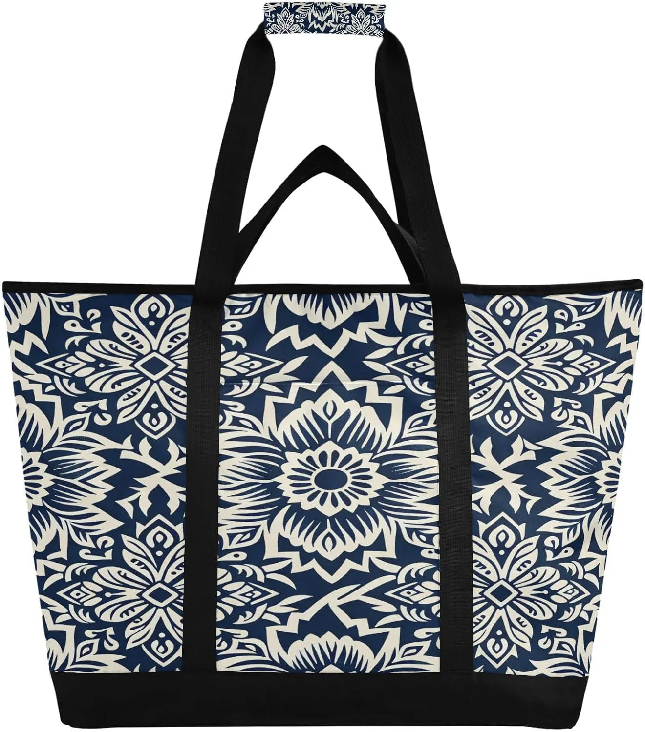 Indigo and White Flower Reusable Insulated Lunchbox Cooler Bag, Leakproof Kitchen Grocery Bag Collapsible Portable Cooler Tote Bag for Picnic, Camping, Office, Travel